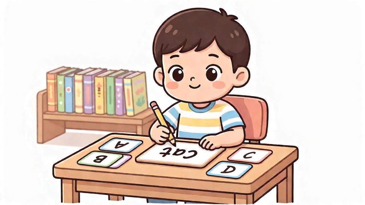 First grade child writing on a whiteboard at a home desk with digraph and blend cards and a bookshelf behind