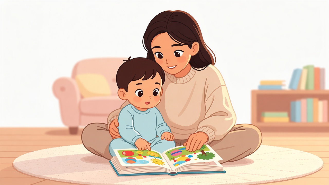 Parent reading a picture book with a 2-year-old toddler at home