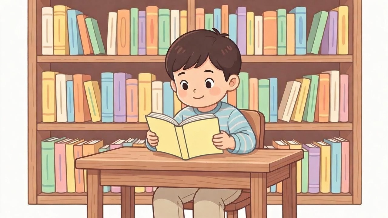 7-year-old reading a chapter book at a desk with a bookshelf of colourful early readers behind