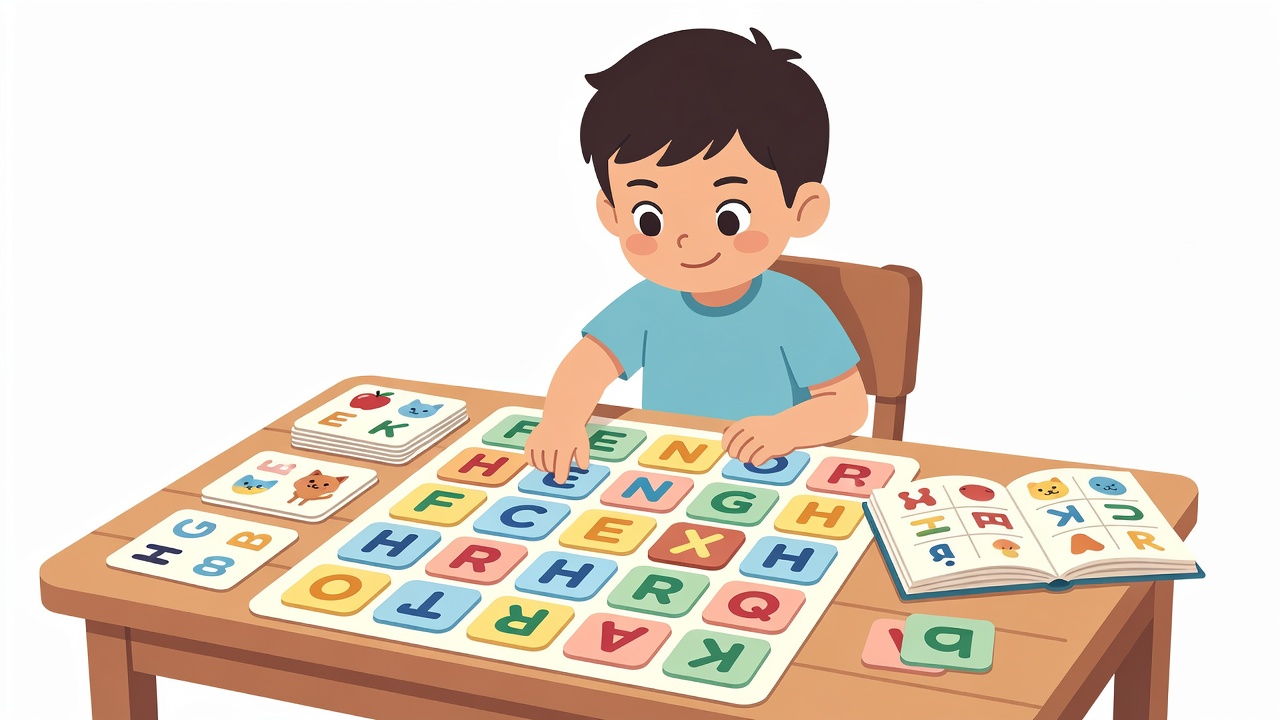 Kindergarten-age child at a table pointing at letters on a colourful alphabet mat