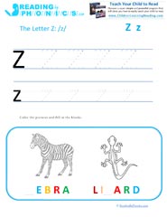 Letter Z preschool phonics worksheet